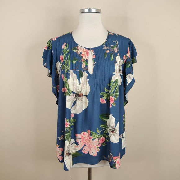 Anthropologie Tops - Dolan Left Coast Floral Flutter Sleeve Blouse Top Pintuck Pleat Blue